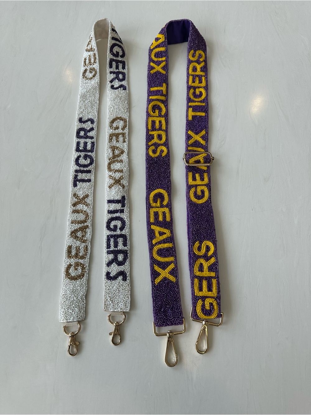 Beaded 'GEAUX TIGERS' Bag Straps in Purple & White